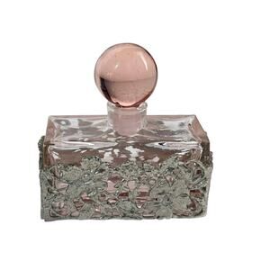 Pink Art Glass Perfume Bottle Encased Pewter Metal Fillagree Holder 3Pc Set Vtg